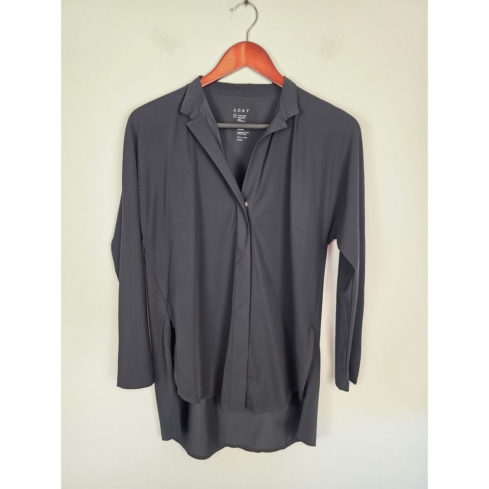 ADAY Something Borrowed Shirt Black Long Sleeve High-Low Snap Front Blouse Small